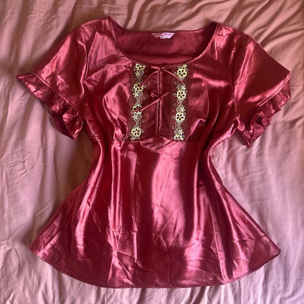 Chic Burgundy Satin Blouse with Lace Accents